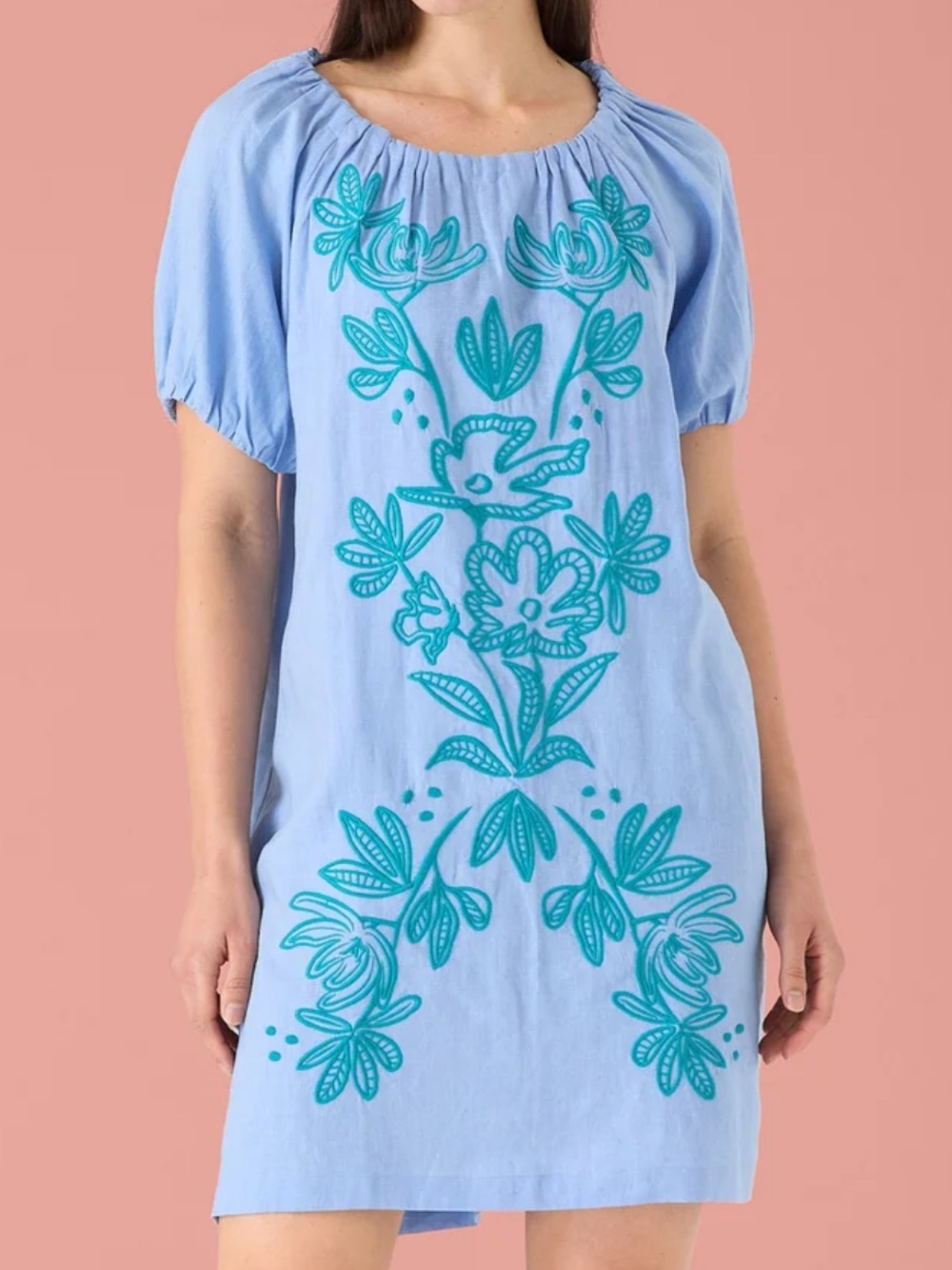 Embroidered Light Blue Mini Dress with Teal Floral Motif Ālivia April dress M